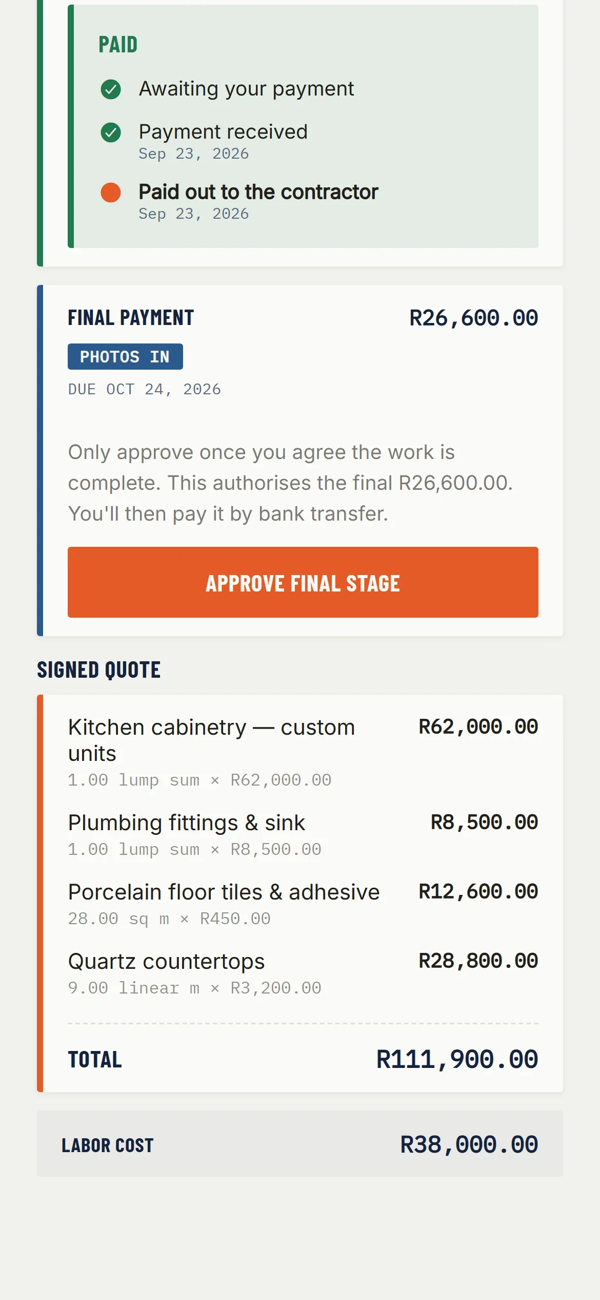 A signed quote listing kitchen cabinetry, plumbing fittings, porcelain floor tiles and quartz countertops, a materials total of R111,900.00 and a separate labour cost of R38,000.00.