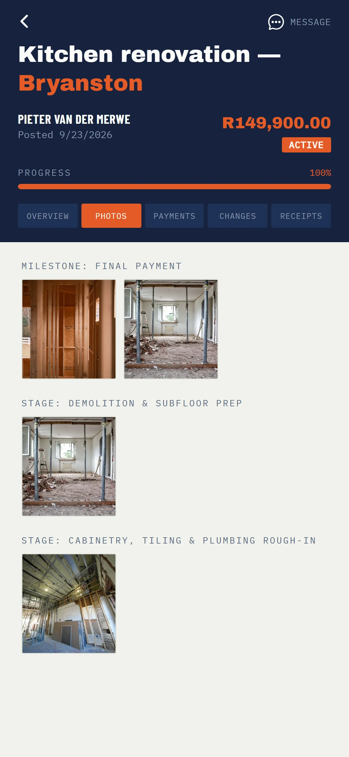 The Photos tab of a kitchen renovation project, showing progress photos grouped by work-plan stage.