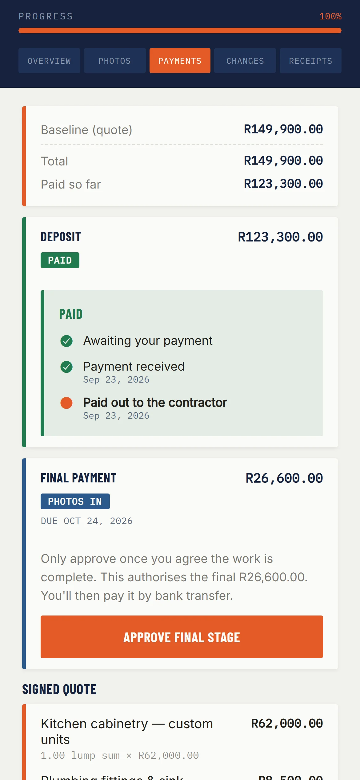 The Payments tab: the deposit is paid out, and the final payment of R26,600.00 has its photos in, with an Approve final stage button.