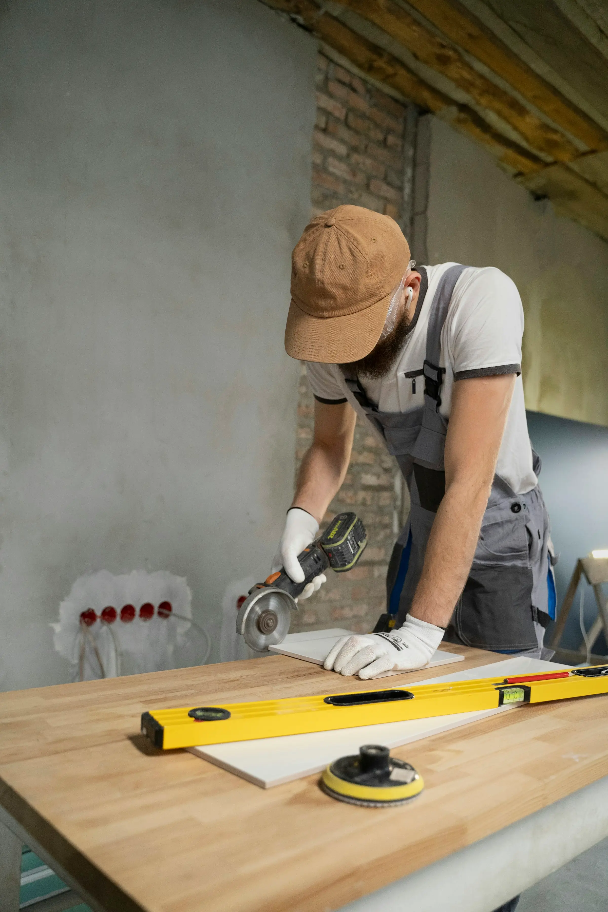 A tradesperson in overalls cutting a tile with an angle grinder.